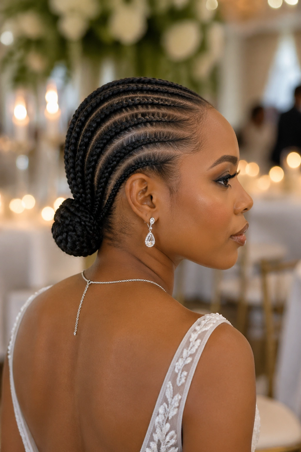 Close-up of a real woman with straight-back cornrows ending in a nape bun at the base of the skull.