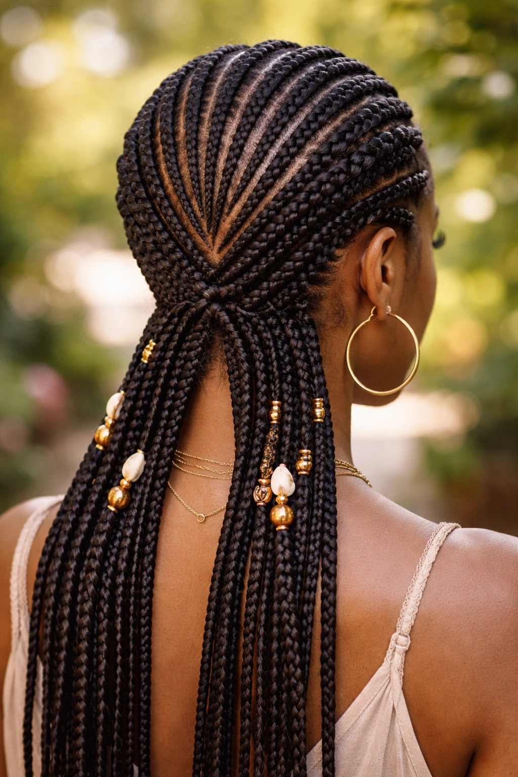 Rear three-quarter portrait showing nape cross pattern in Fulani cornrows
