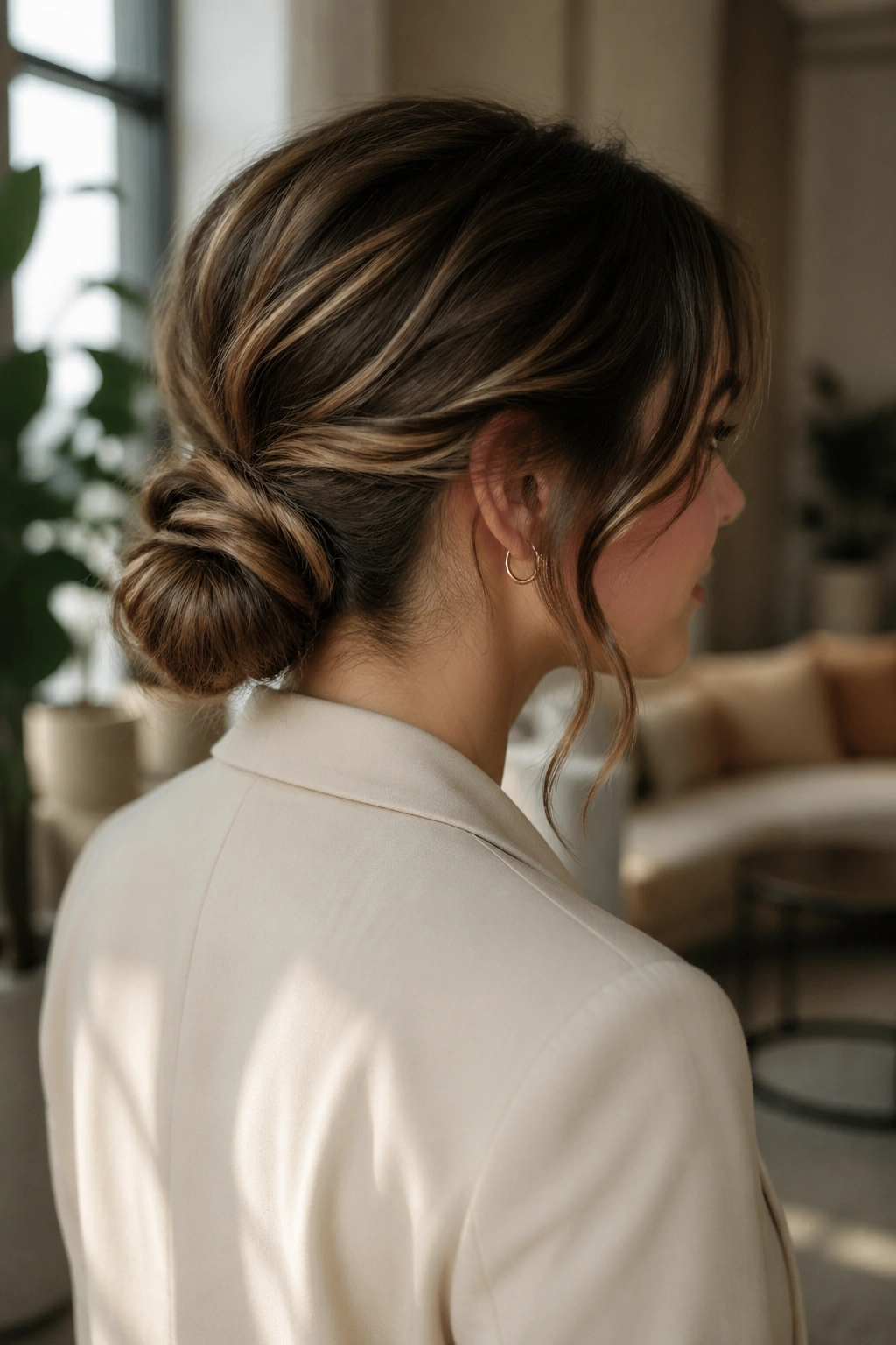 Close-up of a real woman with a soft knot at the nape and face-framing strands