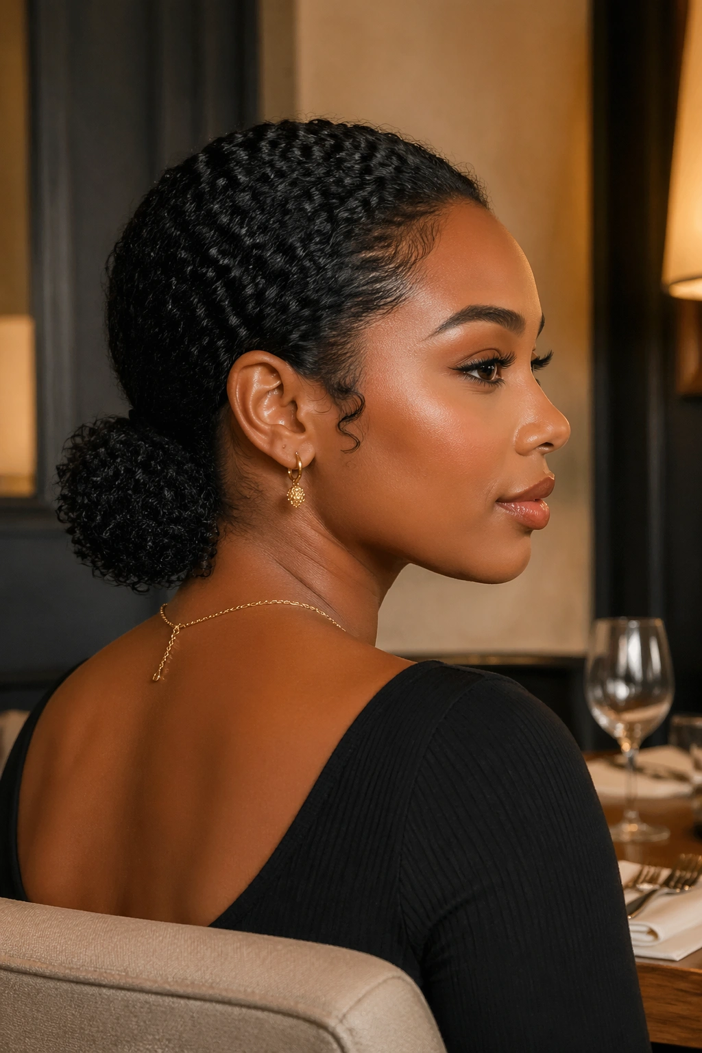 Close-up portrait of a real Black woman with a low nape ponytail and curled ends