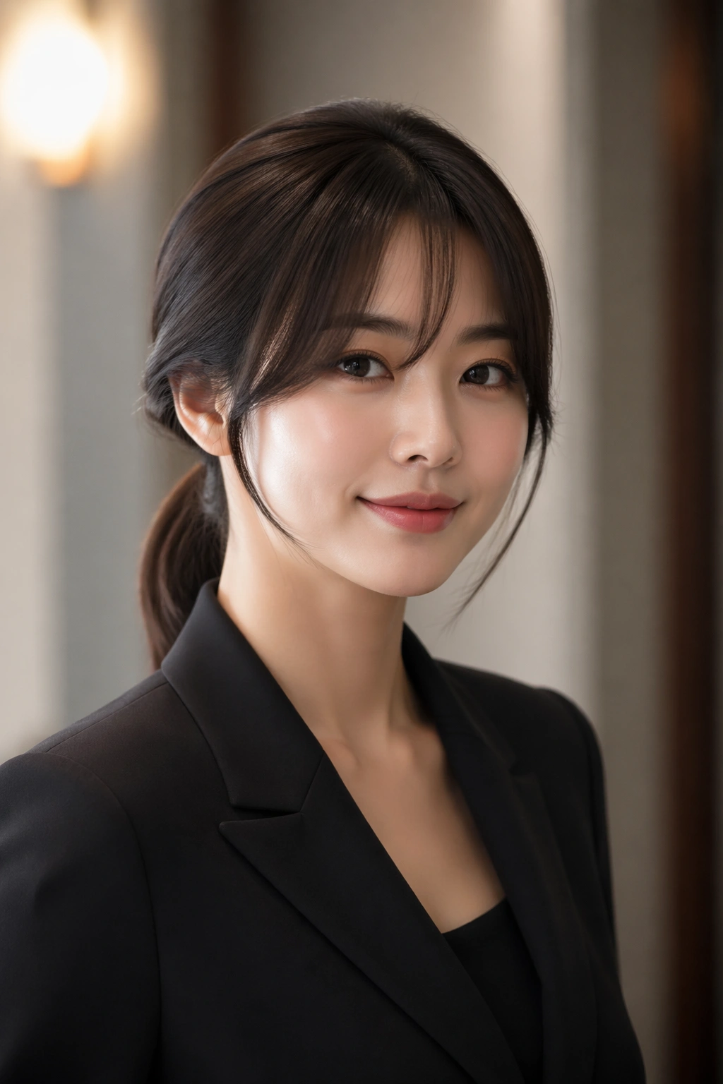 Portrait of a woman with a polished nape ponytail and long fringe