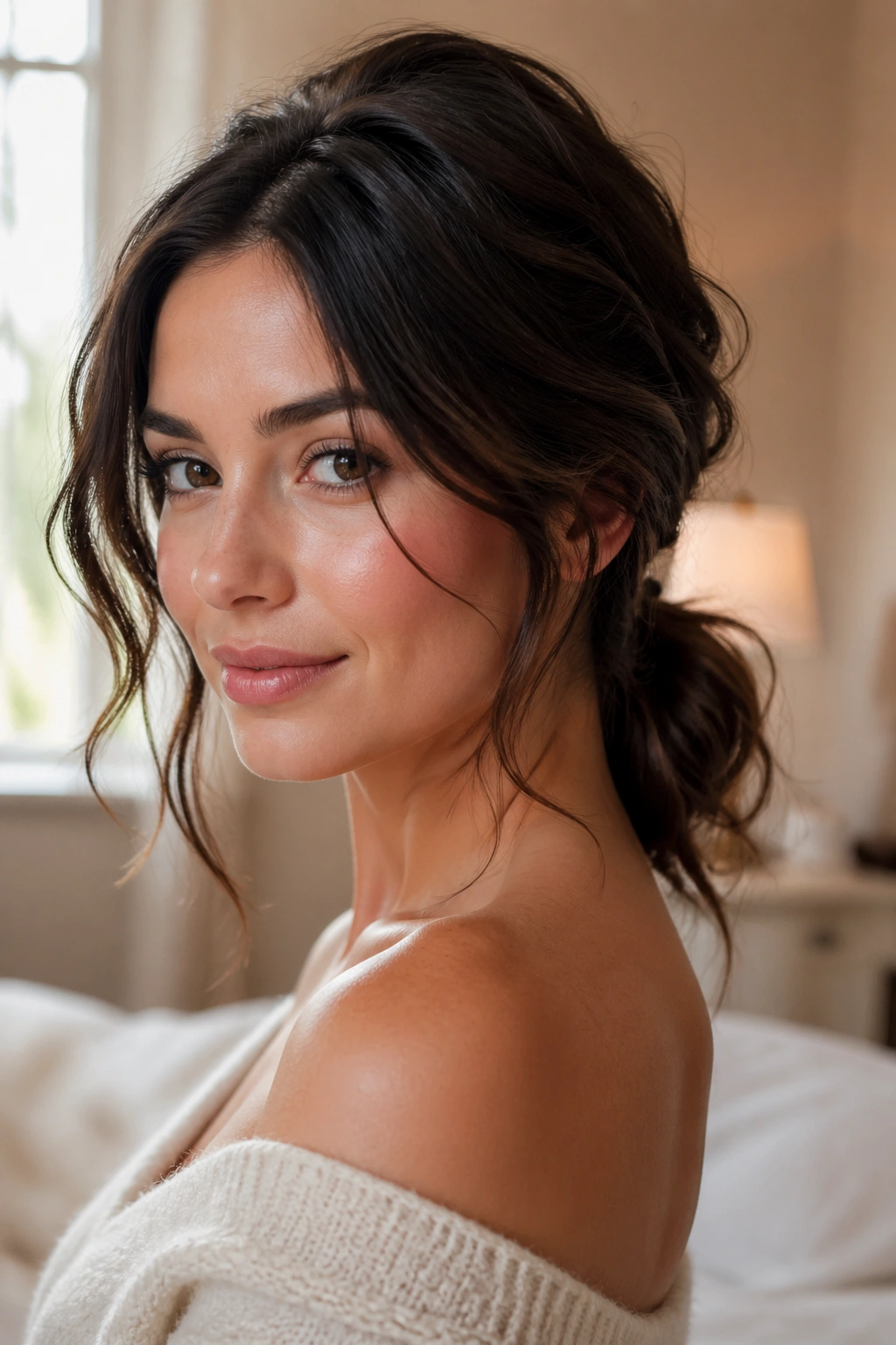 Close-up of a real woman's romantic nape ponytail with loose strands