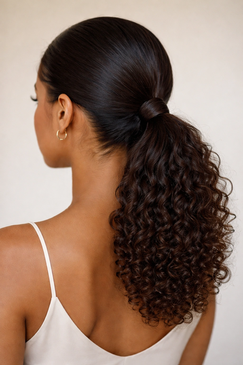 Nape-sitting sleek ponytail on 3B hair with low placement and smooth crown