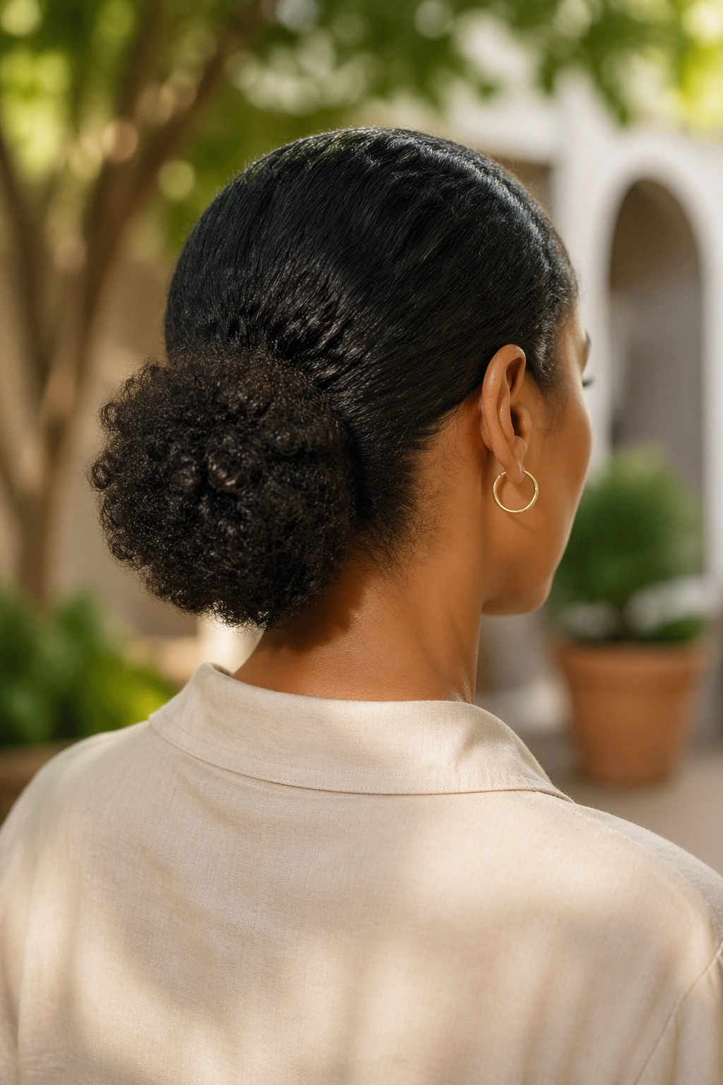 Low nape puff in outdoor light