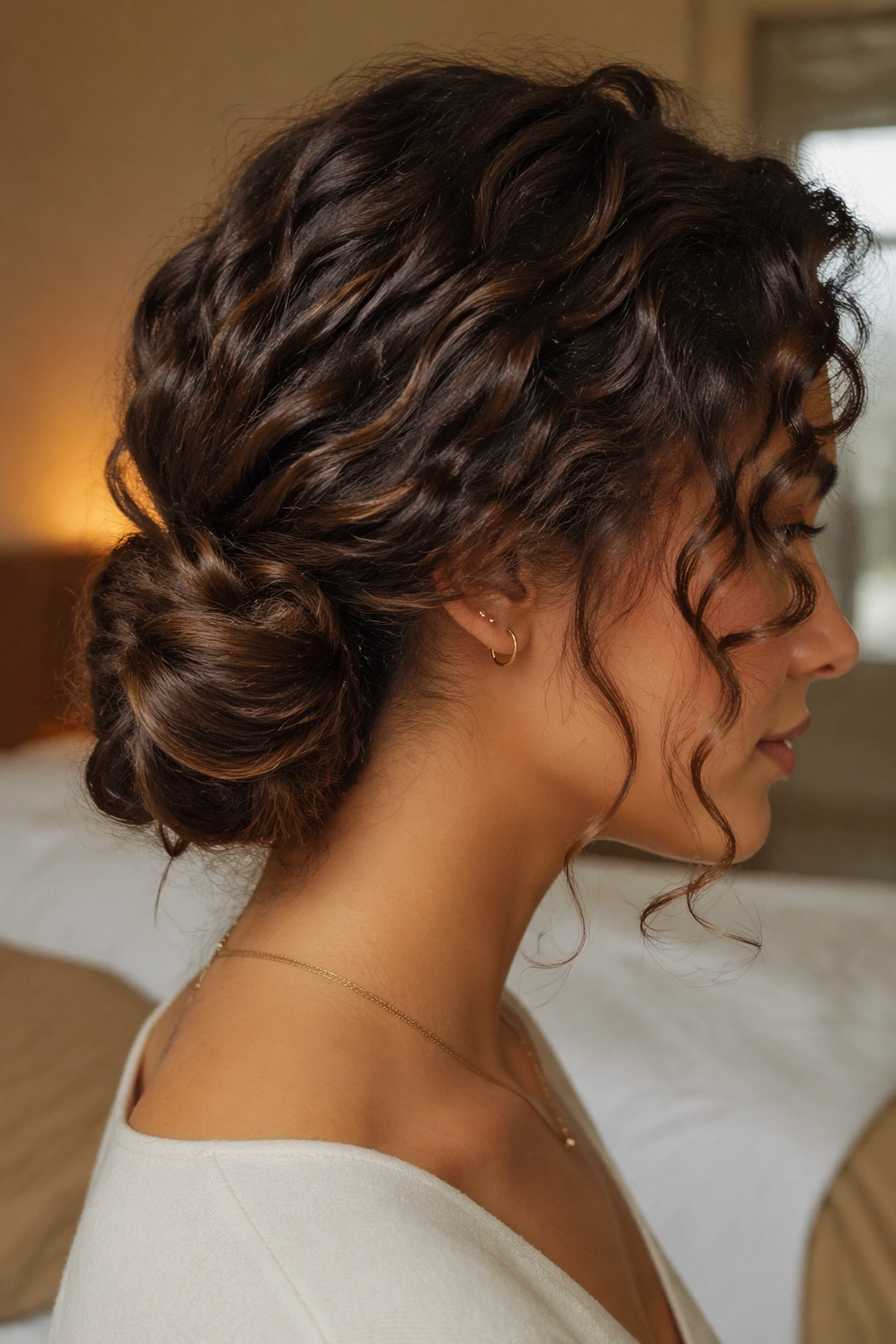 Close-up side profile of a real woman with a soft low twisted chignon at the nape