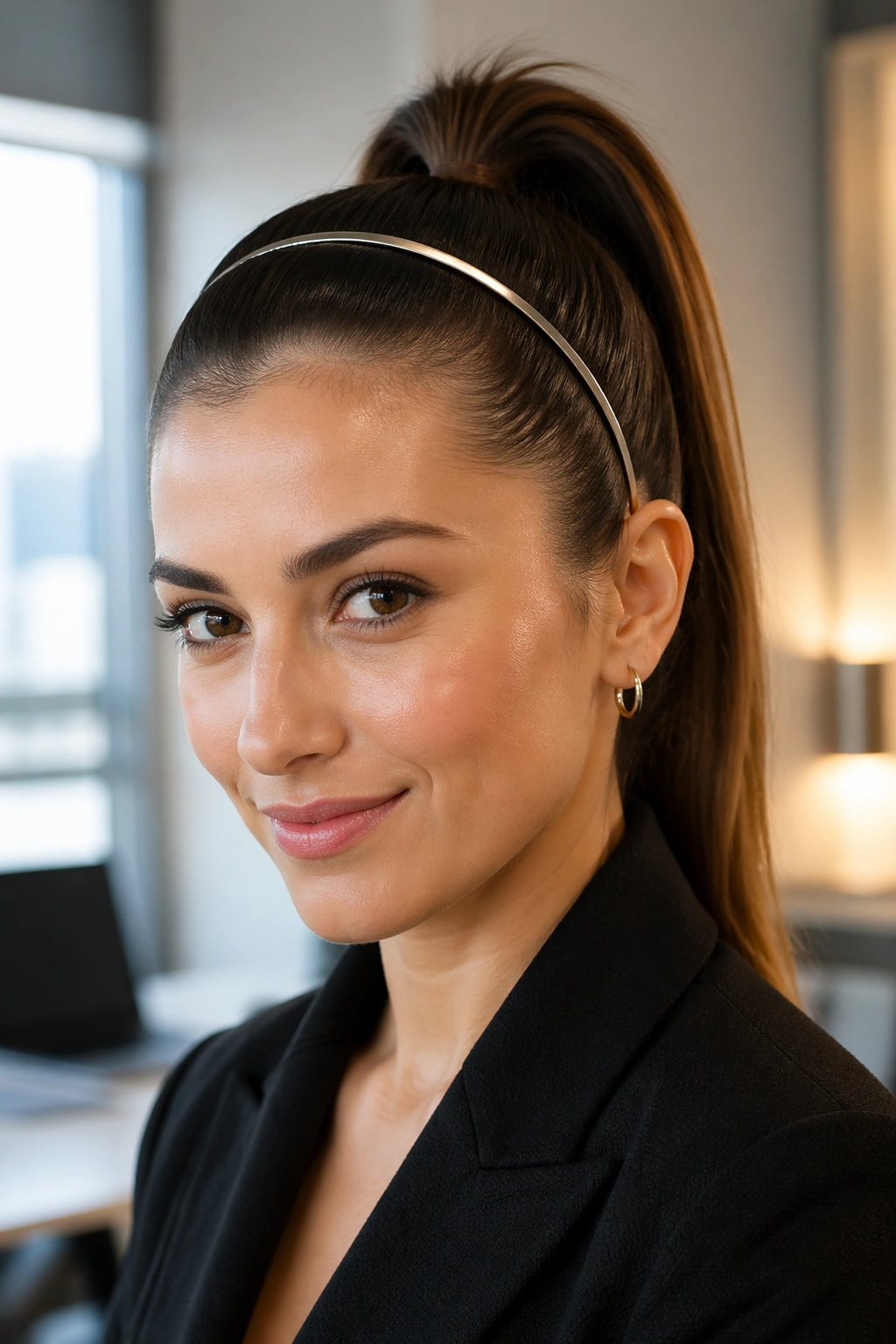Portrait of a real woman with a high ponytail and thin metal headband in a bright studio
