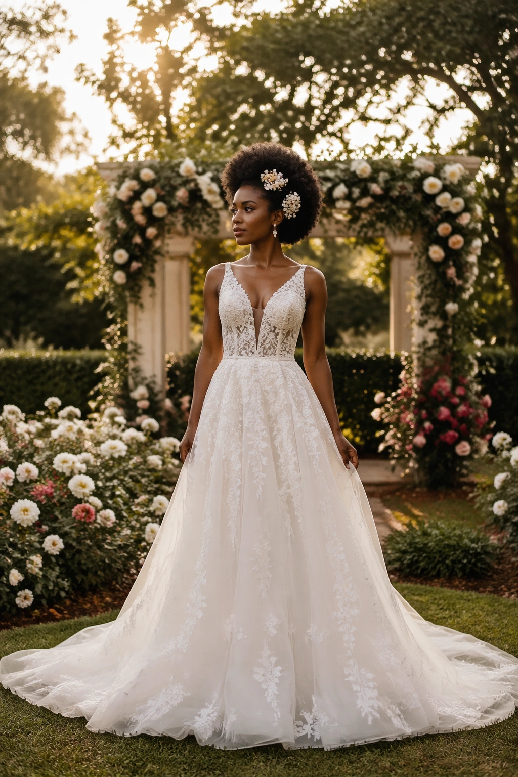 Bridal afro with floral clusters in garden setting
