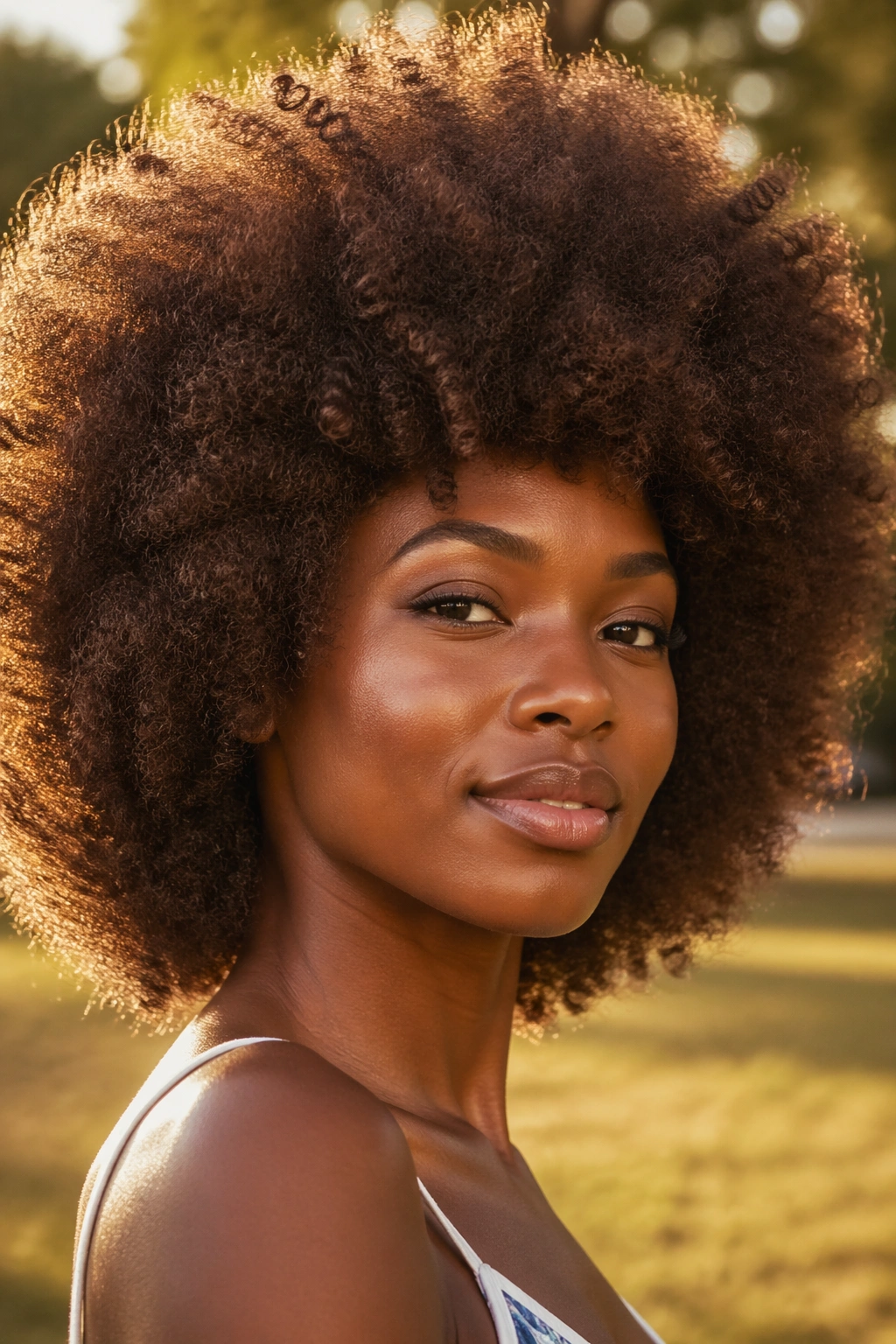 Close-up of a woman with a chocolate brown natural afro in warm afternoon sunlight