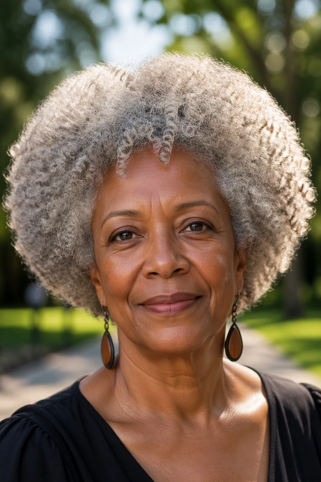Close-up of a woman with a rounded natural Afro in a park