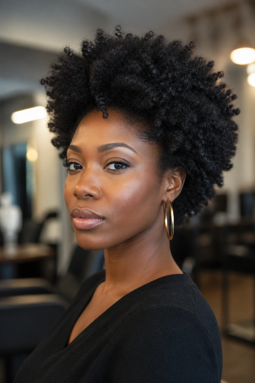 Portrait of a real woman with a defined natural Afro silhouette.