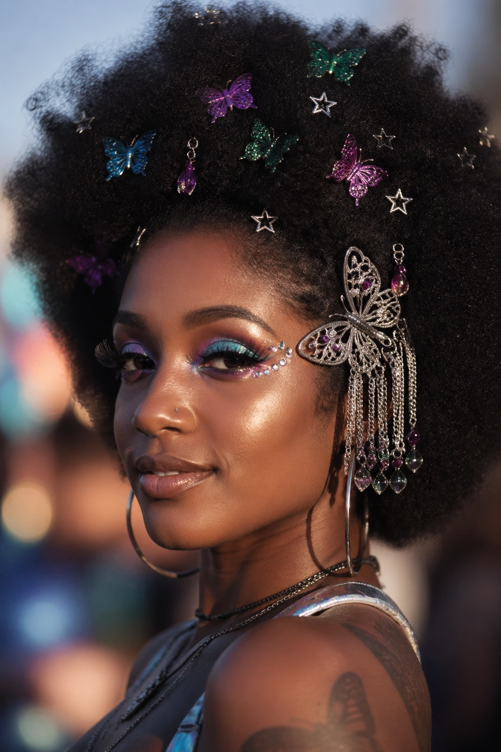 Afro hairstyle with butterfly clips and star pins at festival