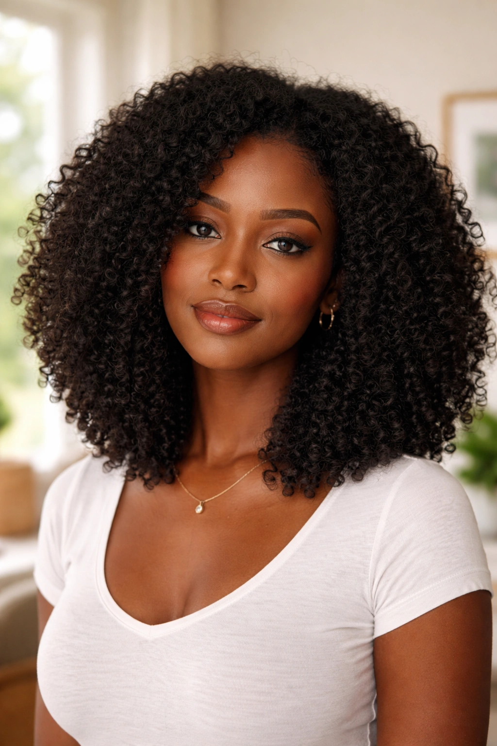 Real person wearing collarbone-length natural afro lob in bright home studio
