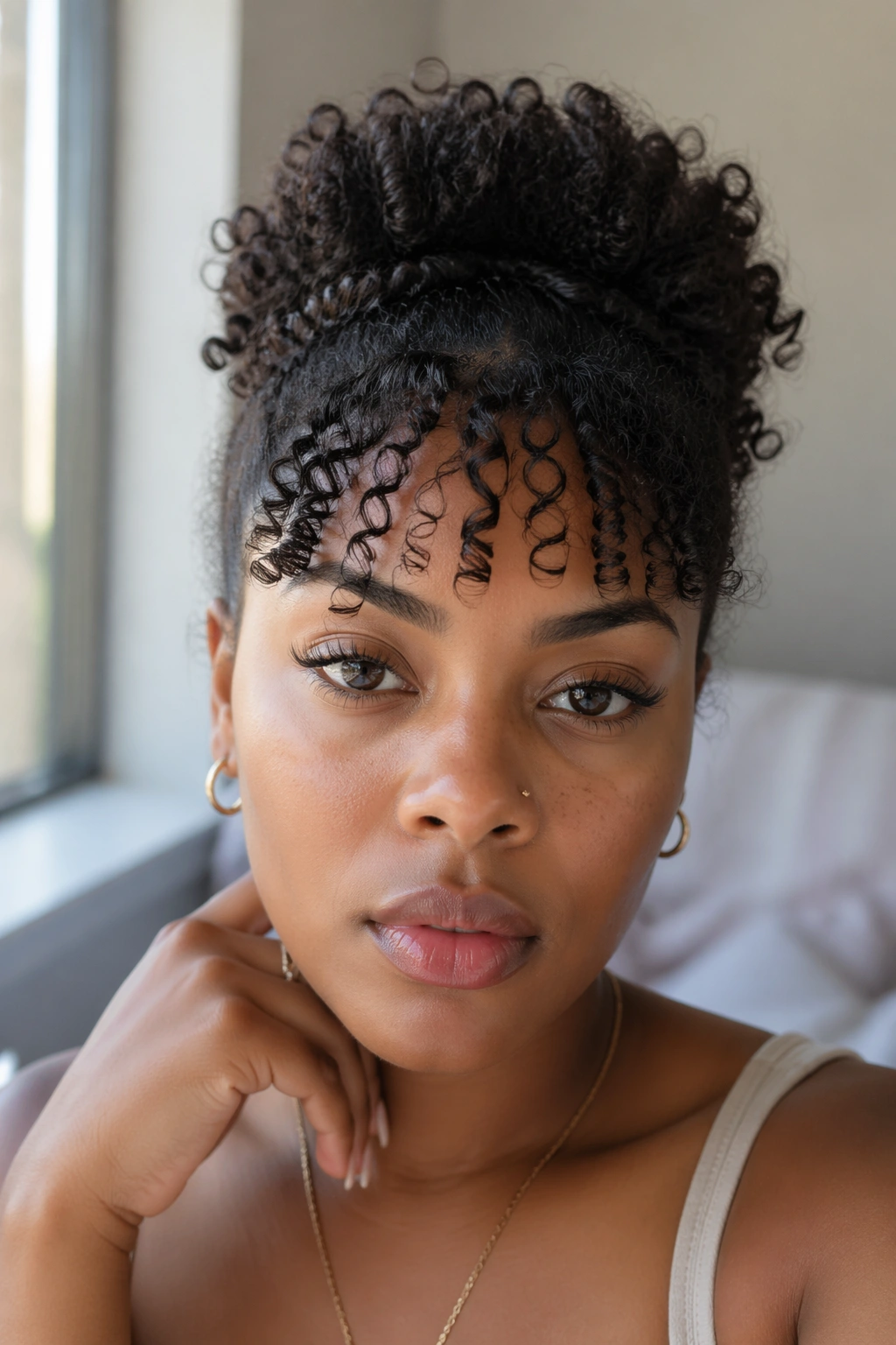 Real woman with baby hairs styled into a defined fringe along the hairline.