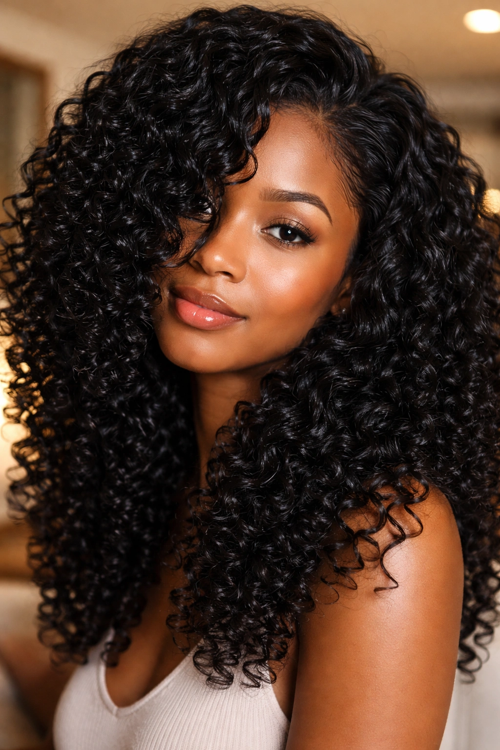 Glossy natural black curly hair in warm light