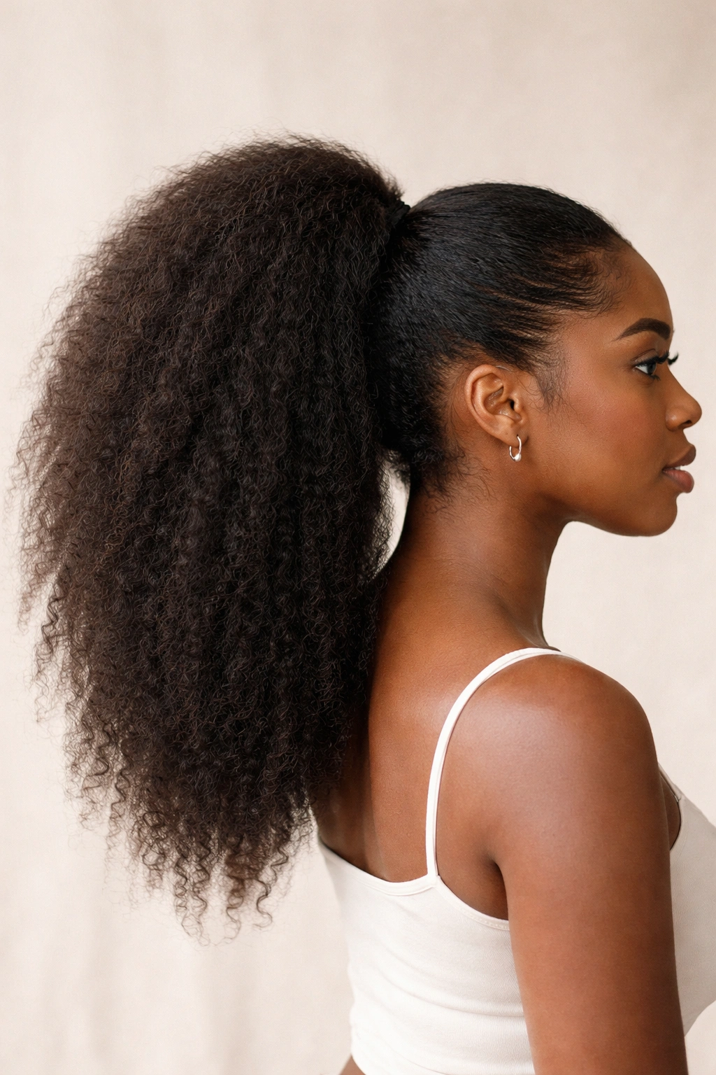 Full ponytail extension with natural blowout texture and voluminous frizz blending with 4C hair
