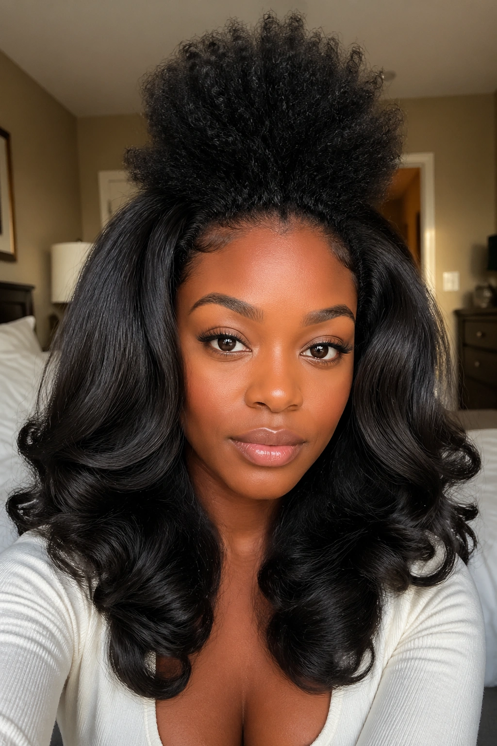 Close-up of real woman with natural crown and silk-pressed curls