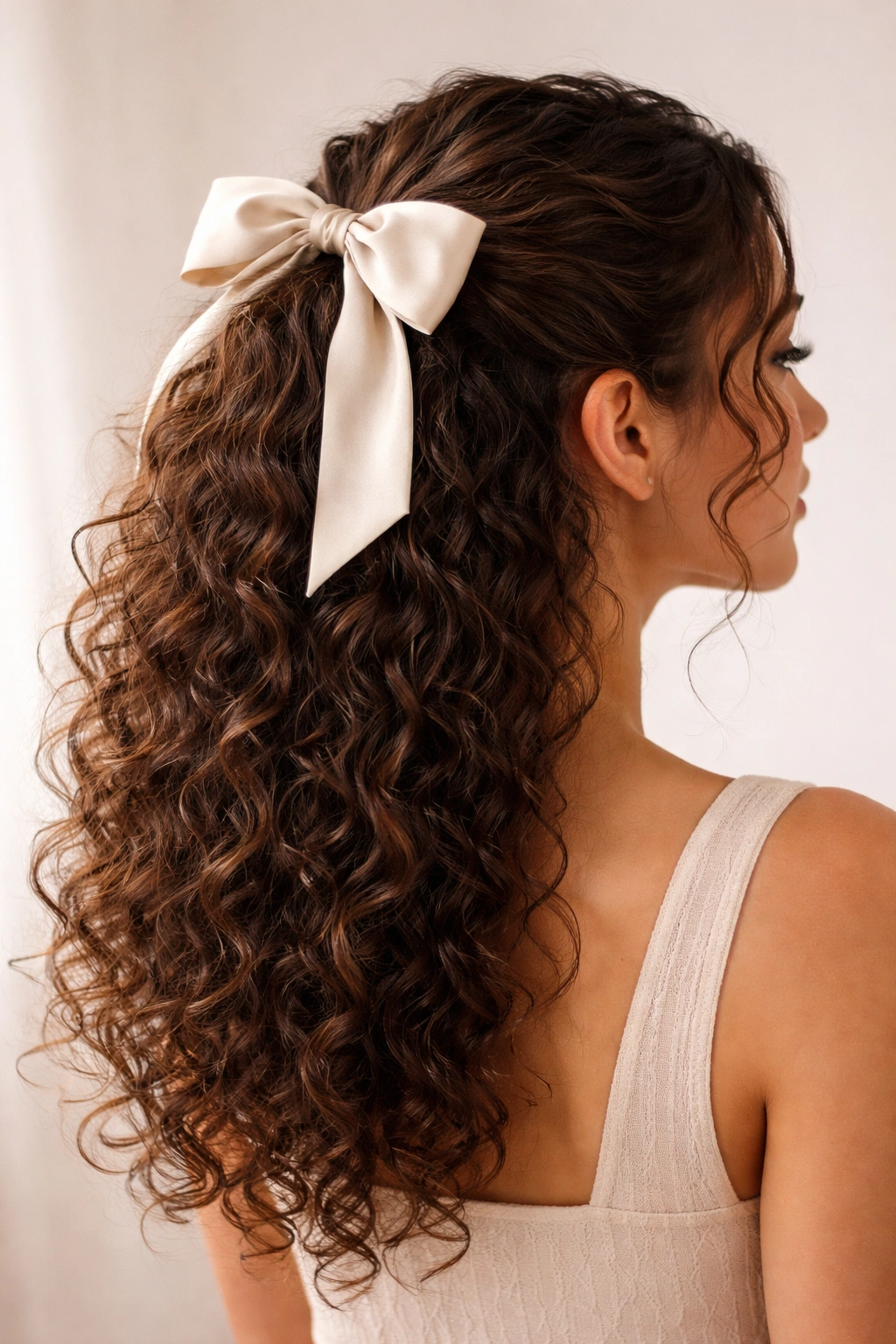 Natural curls in a half-up ponytail with a satin bow at the crown