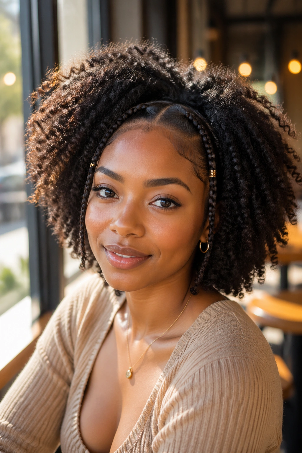 Close-up of a real woman with natural curls and braided accents in window light