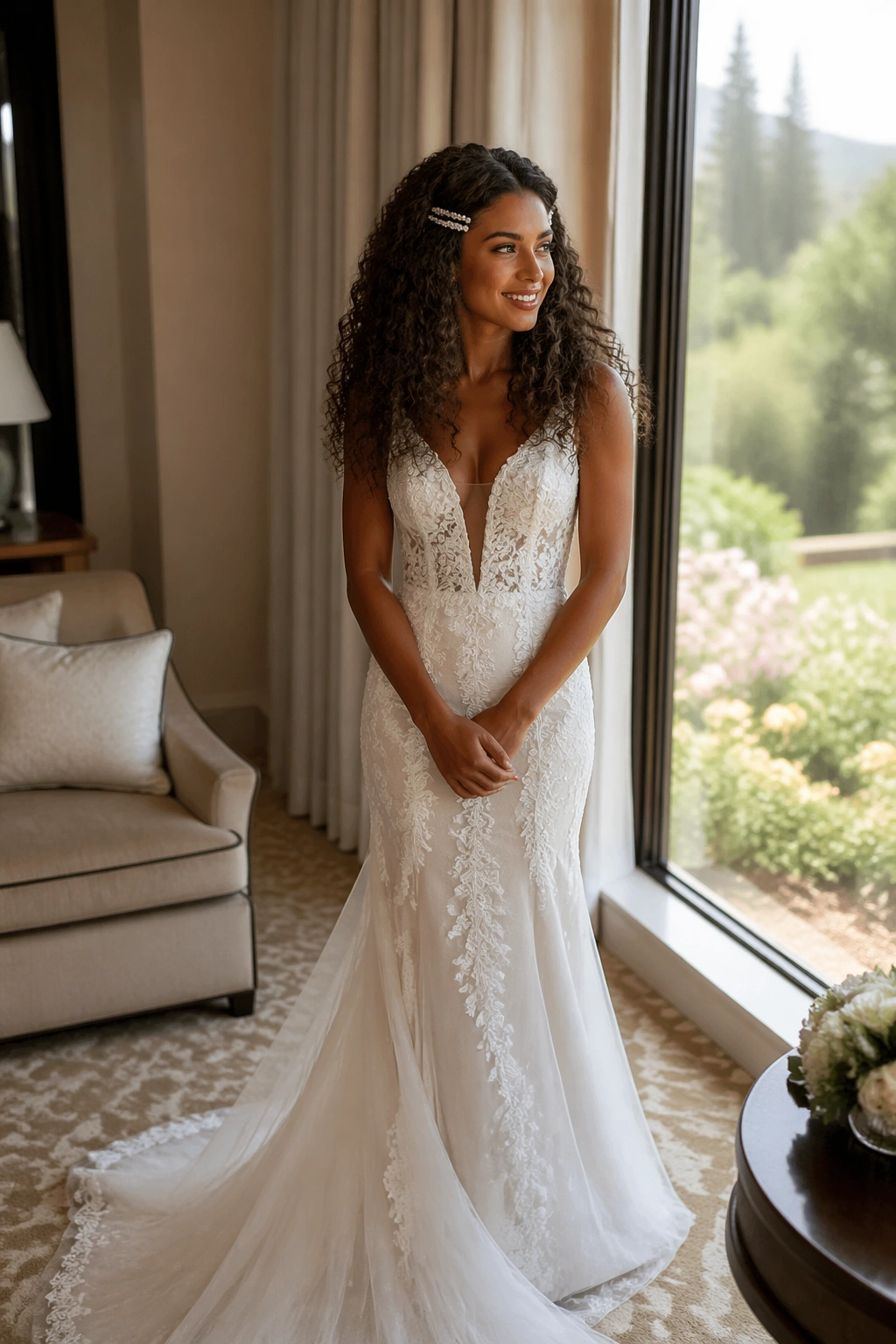 Bride with natural curls and jewel pins at temples