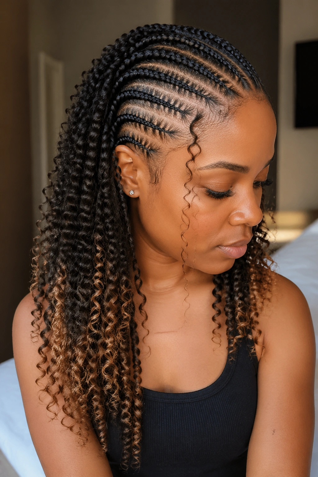 Portrait showing natural curls and extensions in a hybrid cornrow style