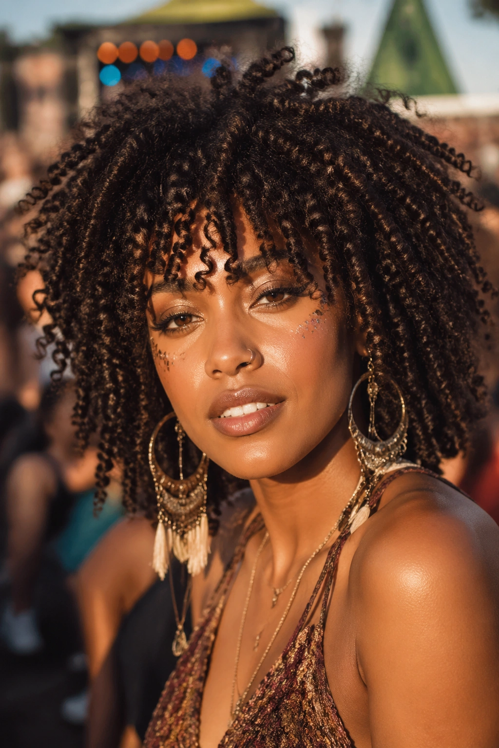 Close-up of a real woman with voluminous natural curls at a festival