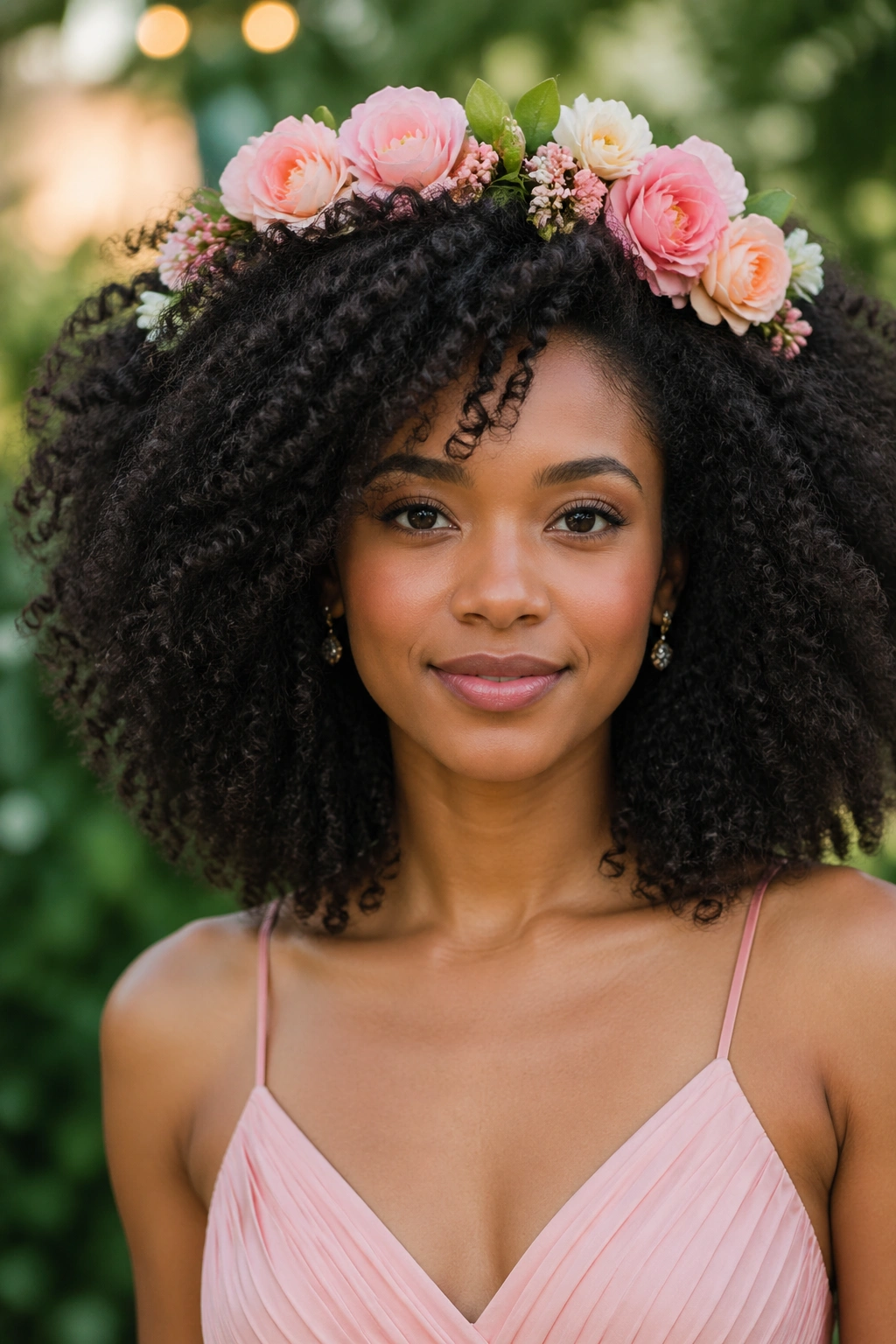 Portrait of a woman with natural curls wearing a floral crown.