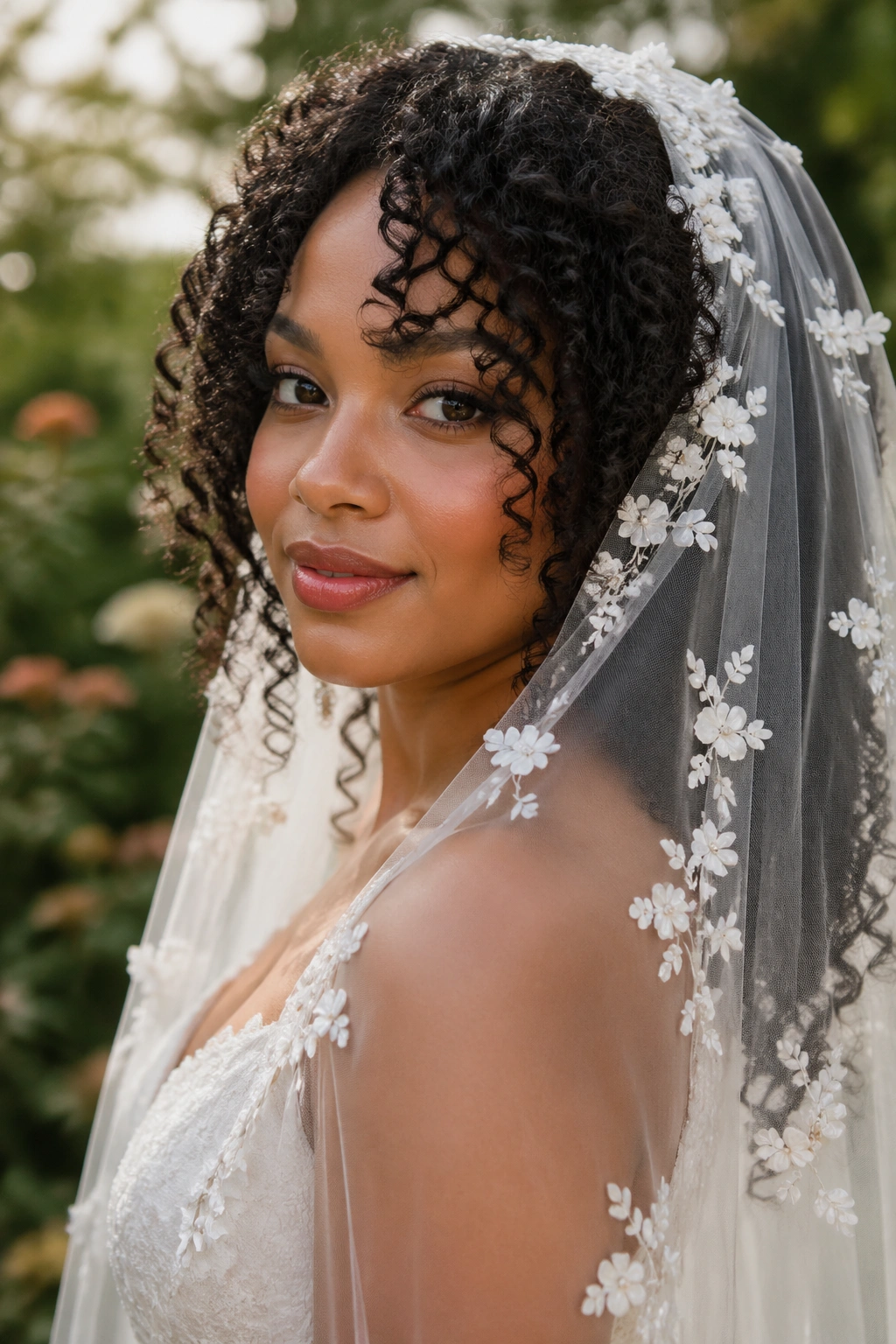 Bride with voluminous natural curls and floral veil in garden setting