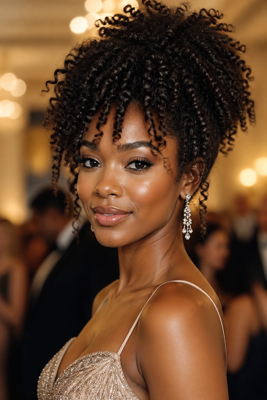 Close-up portrait of a woman with natural curls at a formal gala
