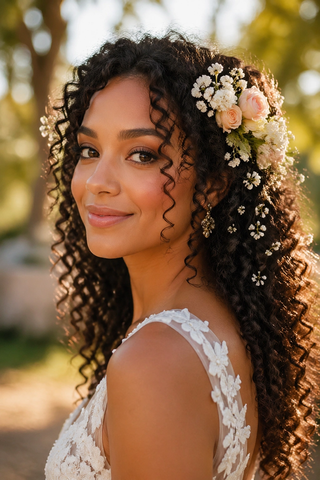 Close-up of a real bride's curls with fresh flowers tucked into the hair