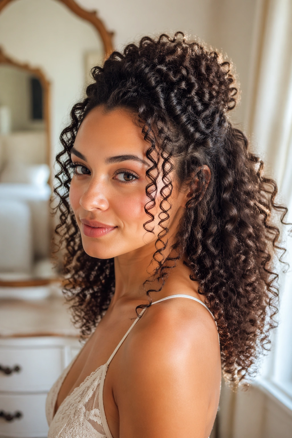Close-up portrait of a real bride with natural curls in a half-up crown.