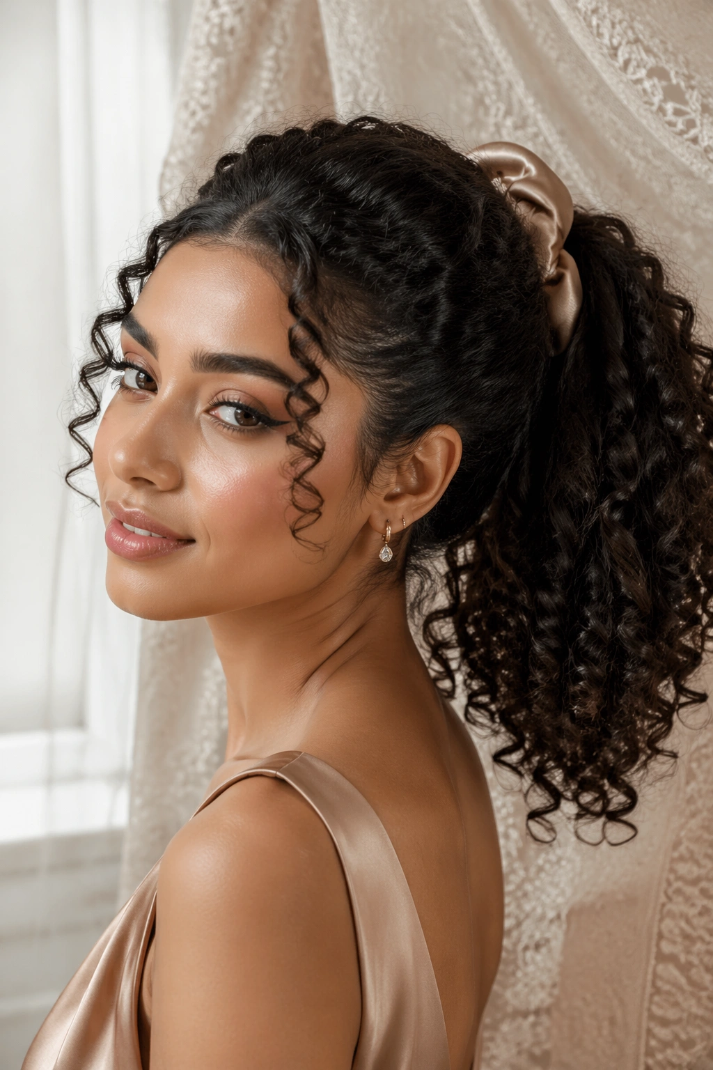 Close-up of a real woman with natural curls in a mid ponytail