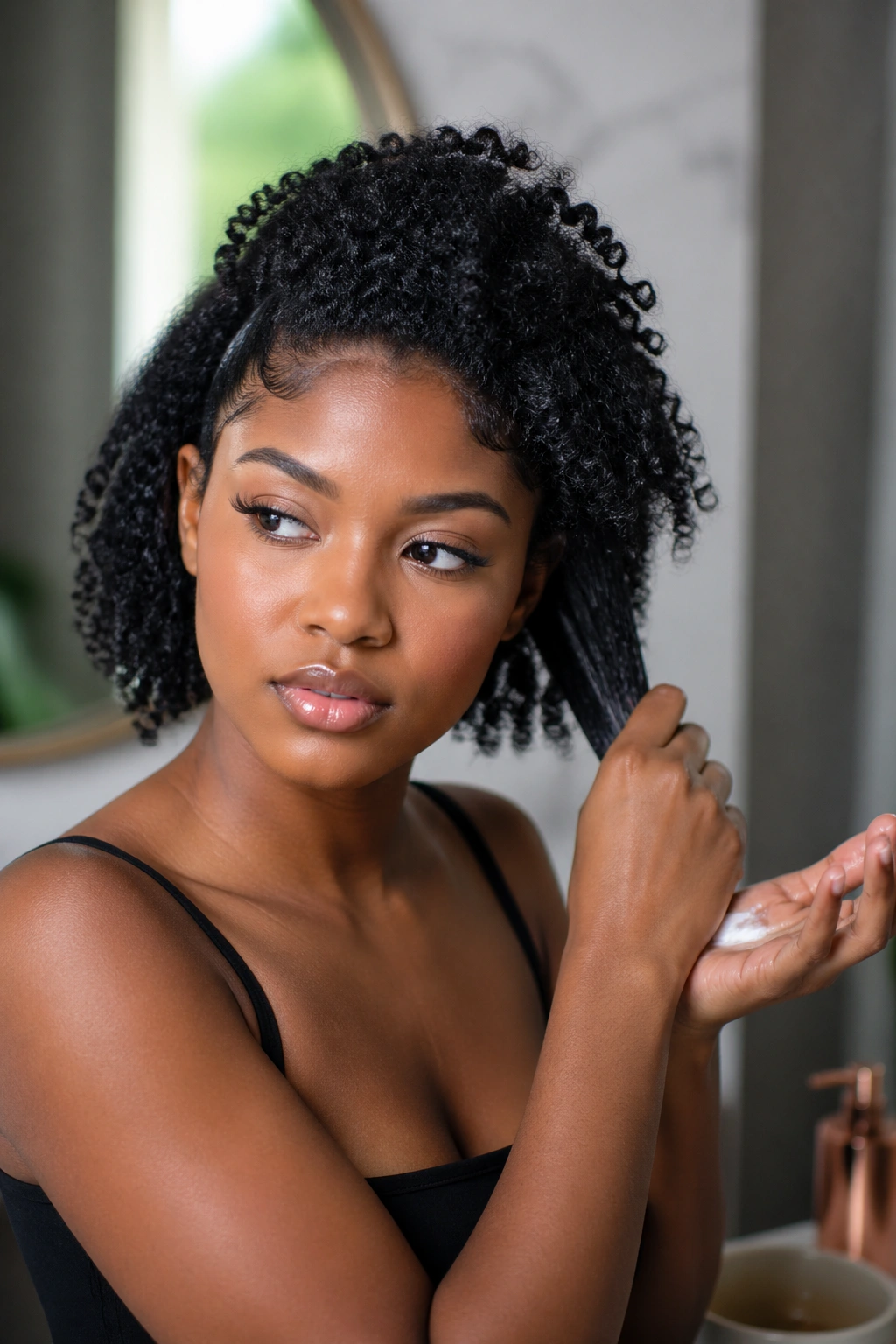Close-up of moisturized natural curls under warm lighting.