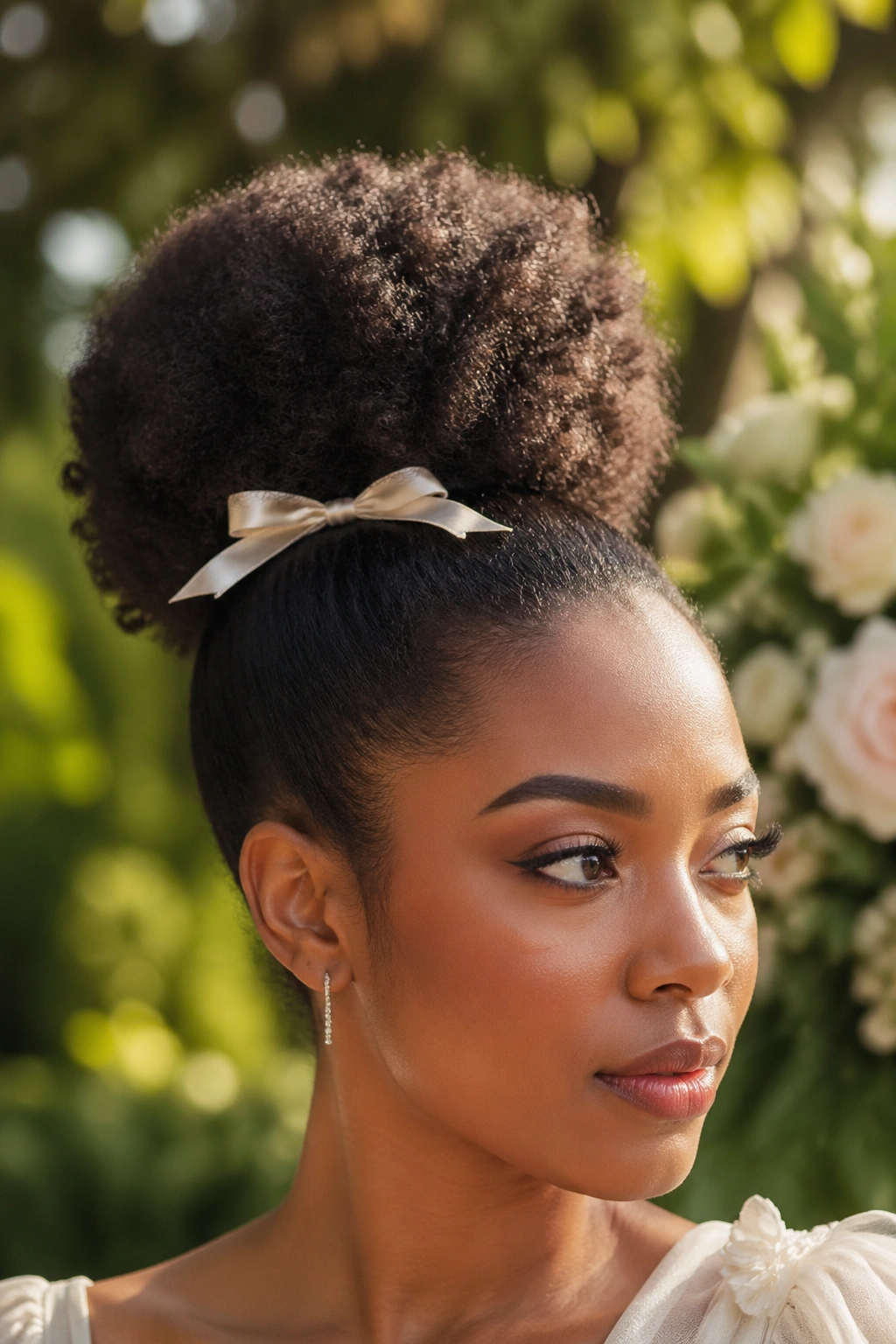 Close-up of a real woman with a natural puff and ribbon bow in a garden wedding setting