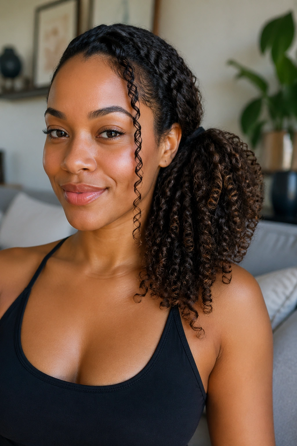 Real woman with natural curls in a loose side ponytail