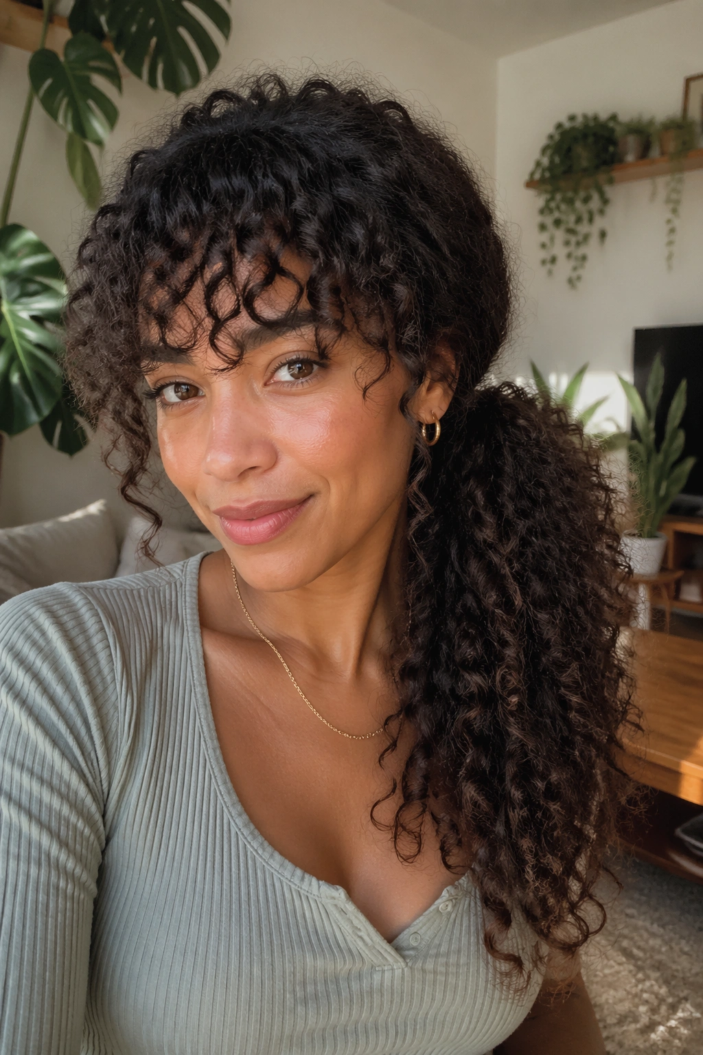 Close-up portrait of a real woman with natural curls side ponytail and shape-friendly bangs