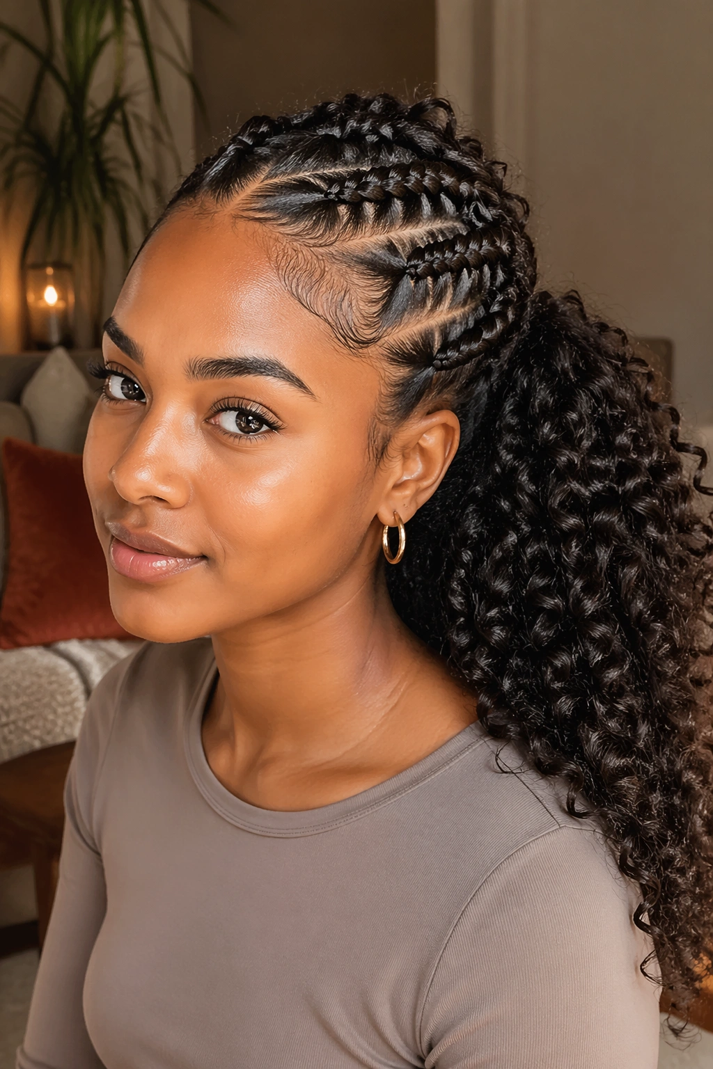 Real woman with natural curls and side stitch braid creating a textured ponytail
