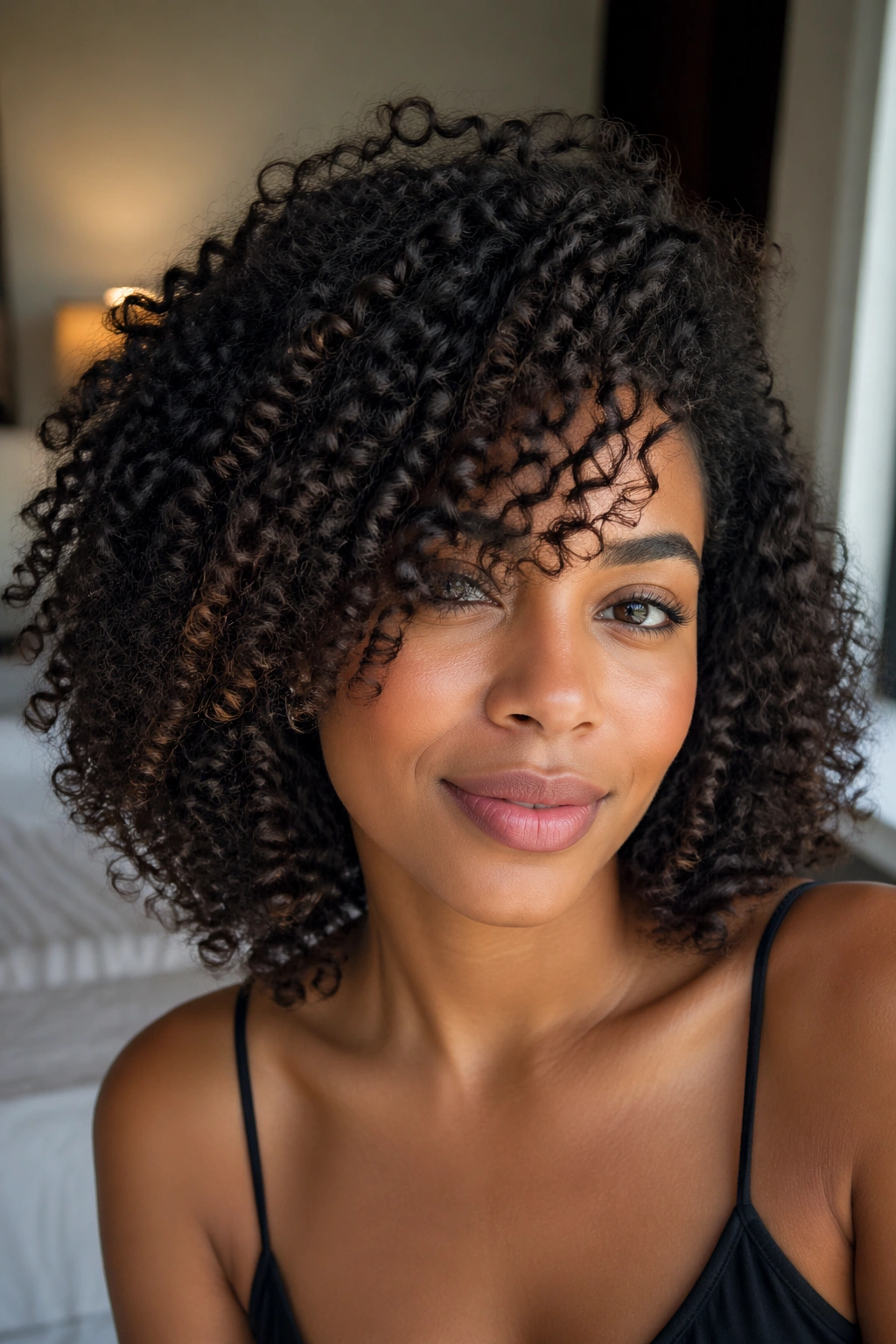 Close-up of a real woman with medium natural curly hair and side-swept bangs