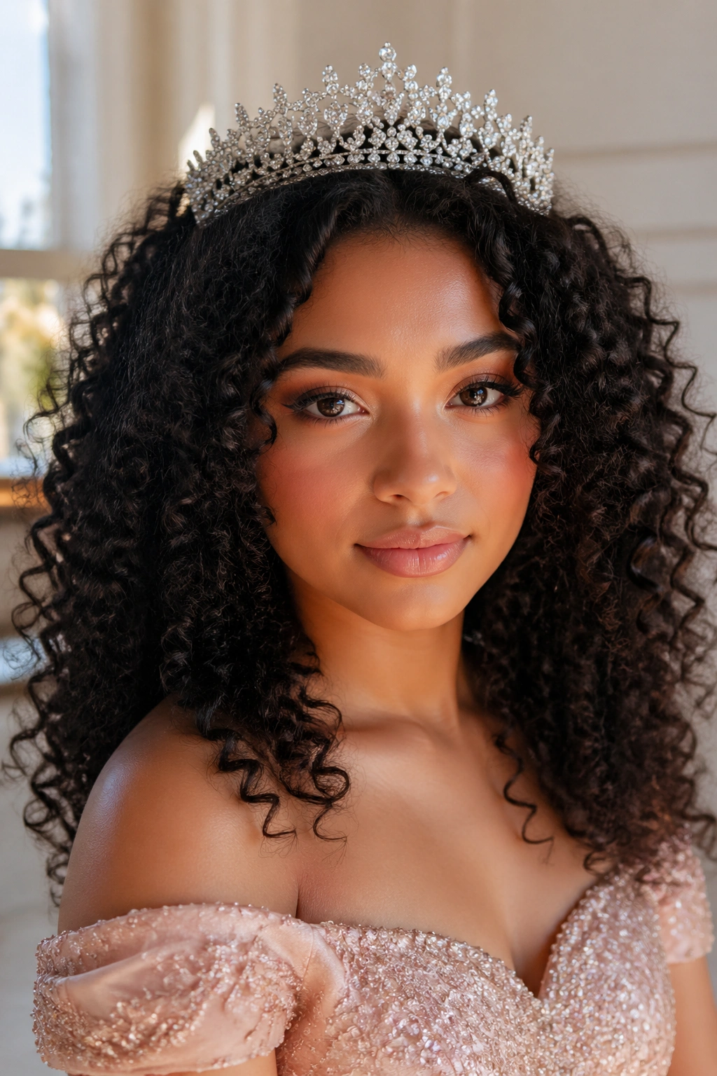 Close-up portrait of real woman with natural curls and sparkling tiara