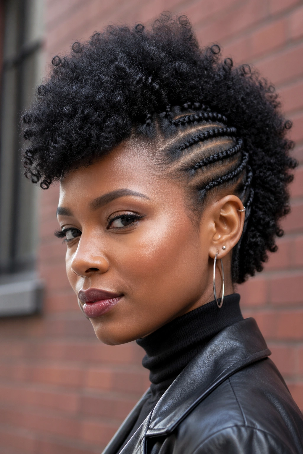 Portrait of a real person with a natural faux hawk hairstyle on a city street