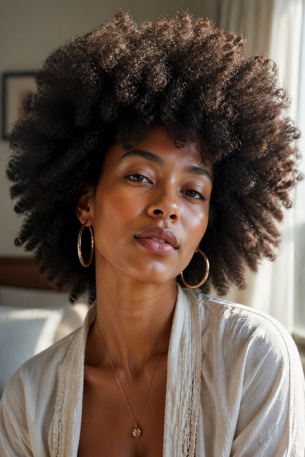Close-up of a woman with a voluminous natural afro filling the frame in warm window light