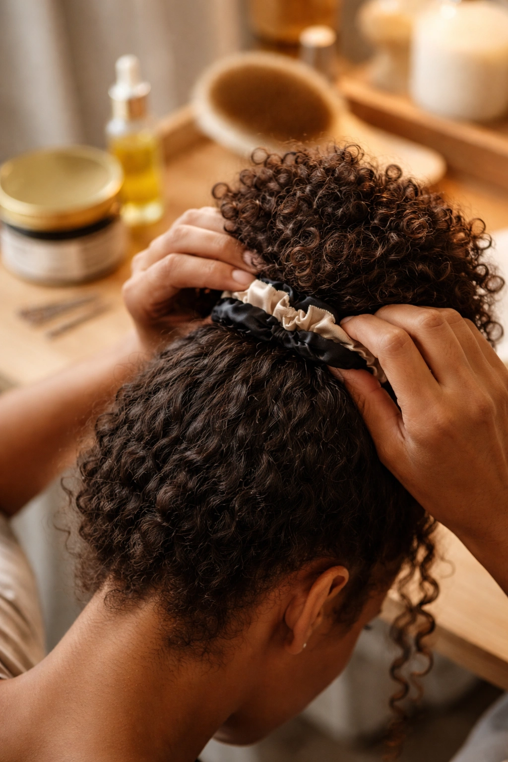 Close-up of hands styling a bun with satin-lined hair tie and bobby pins