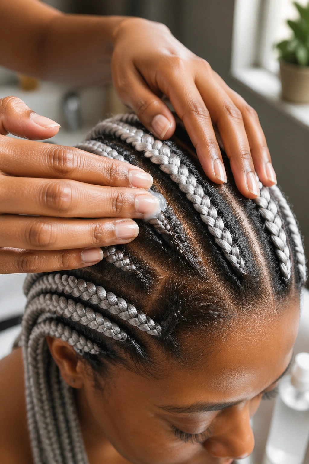 Close-up of scalp care under silver braids with moisturized natural hair