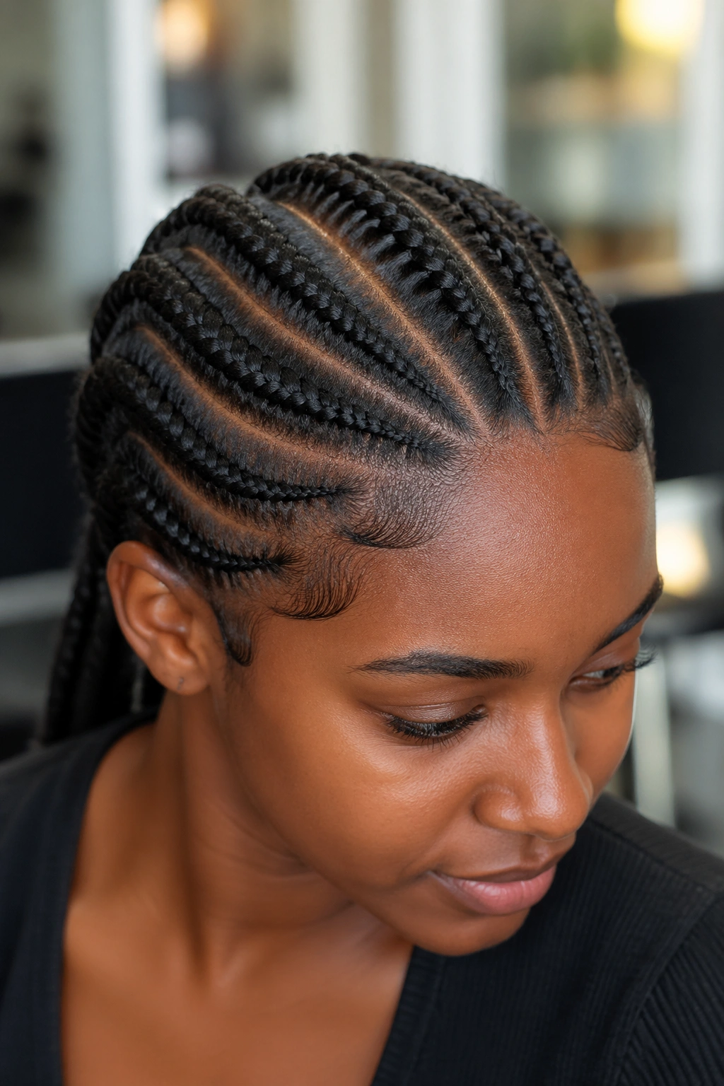 Close-up of a real woman's natural textured hair braided into neat cornrows with center part.