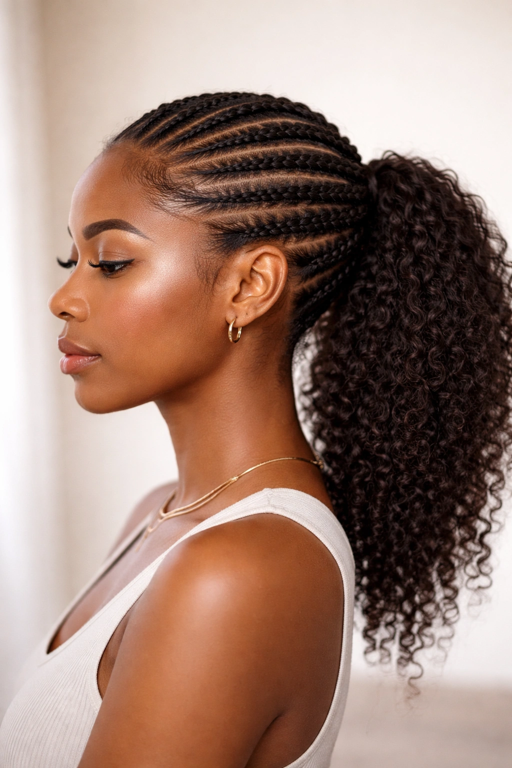 Natural hair cornrows along the side forming a ponytail