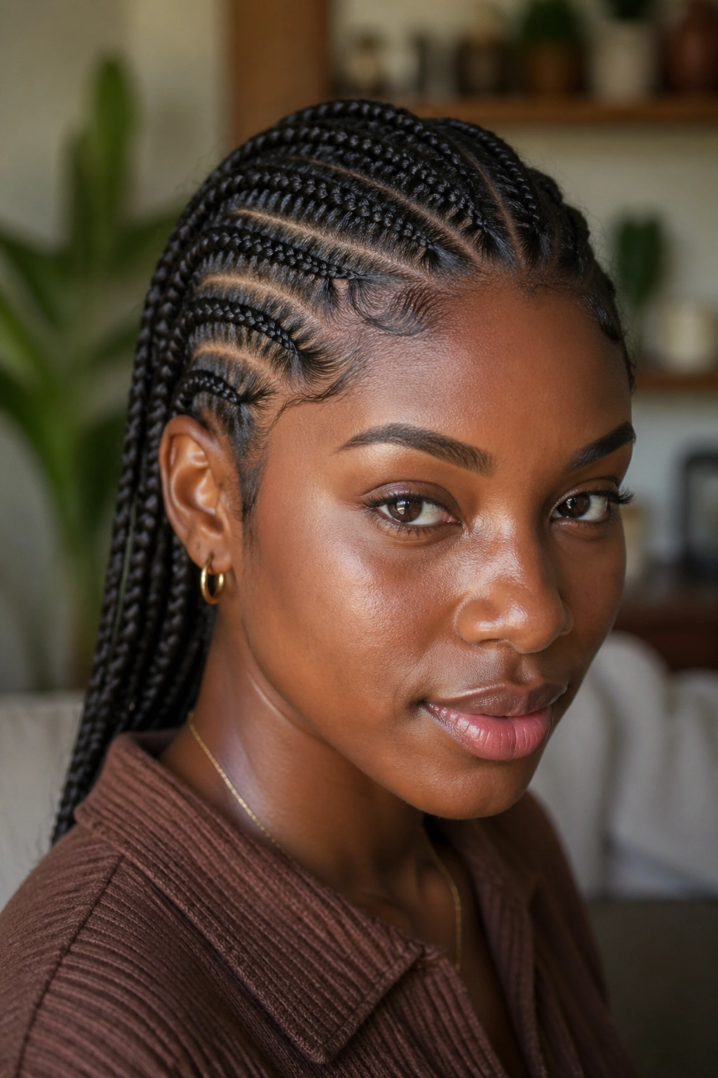 Portrait of a real woman with natural hair in small cornrows