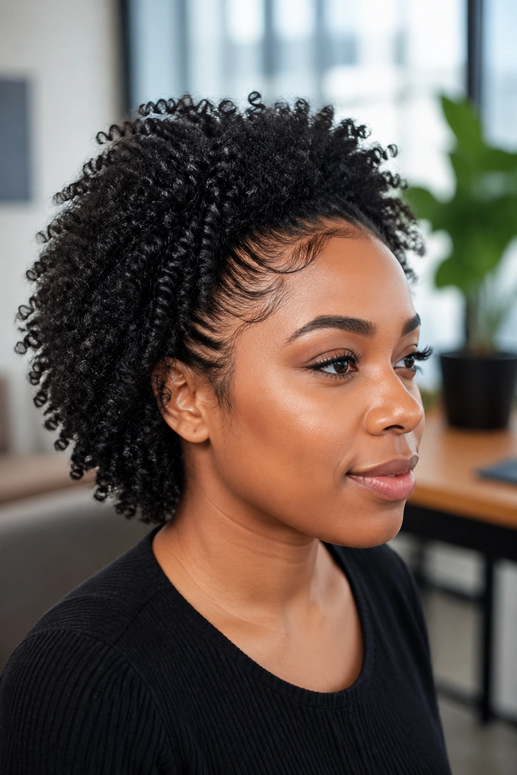 Close-up of natural curls with clean edges in a daytime office setting