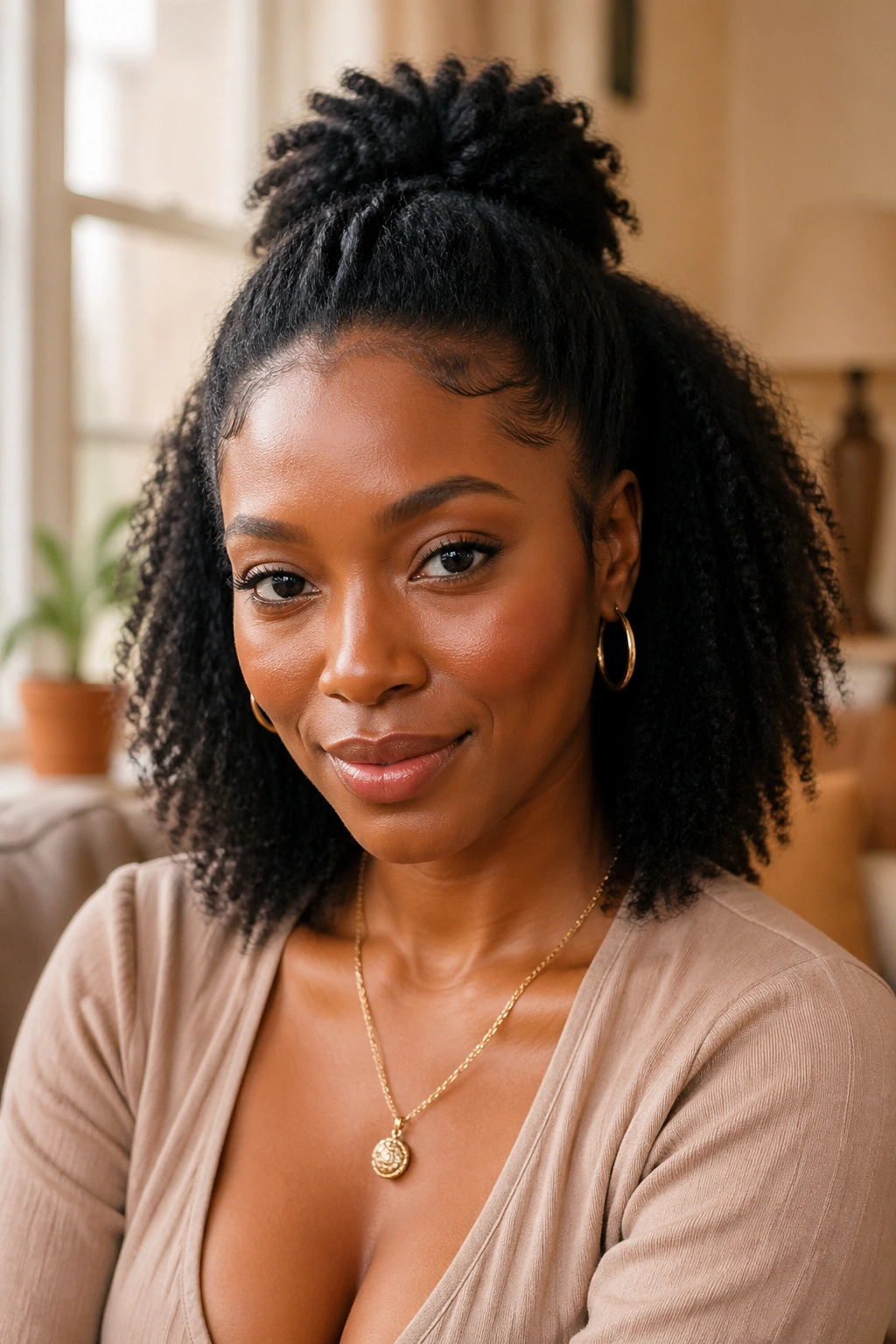 Portrait of a woman with natural hair half-up style wearing open-neck top