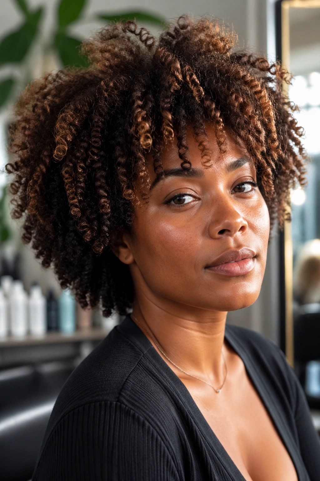 Portrait of a Black woman with natural curls in a sunlit salon-like setting emphasizing hair health