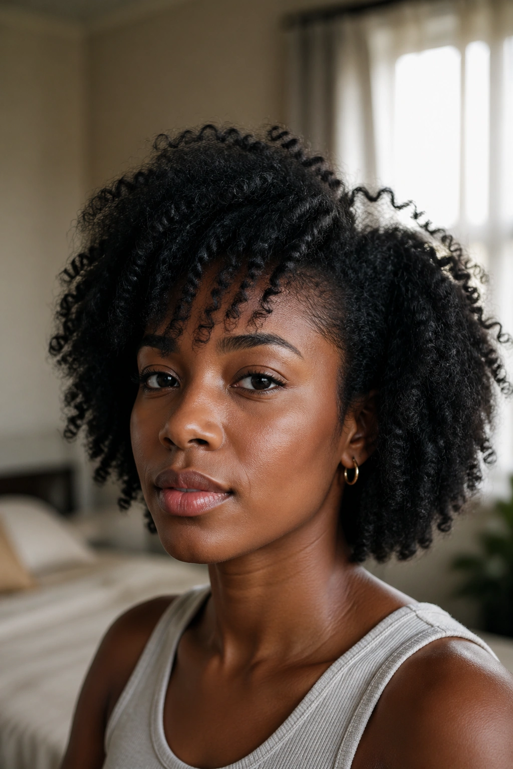 Close-up portrait of a Black woman with natural curls in a softly lit room