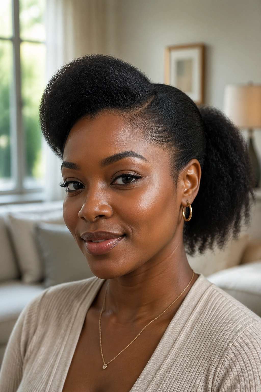 Close-up of a woman with natural-texture mid swoop and brushed front lift